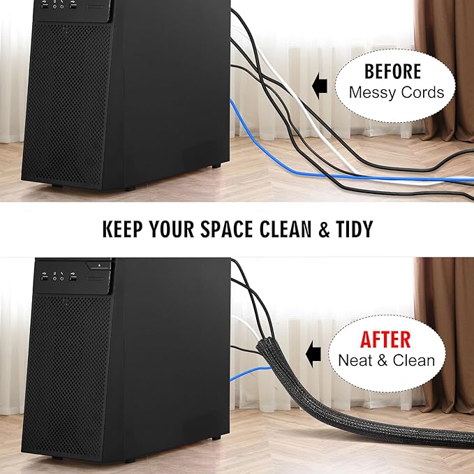 10ft x 1 inch Cable Sleeve Split Wire Loom Tubing for Power, Audio, USB, Cord Management for TV, Computer, Protects from Pets Chewing, Black