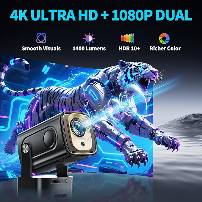 【Built-in Apps】Mini Projector 1080P with WiFi 6 and Bluetooth 5.4, 4K Full HD Projector Features Auto Focus & Keystone, Portable Projector Support 270° Rotatable, Compatible with Phone/HDMI/USB-Black
