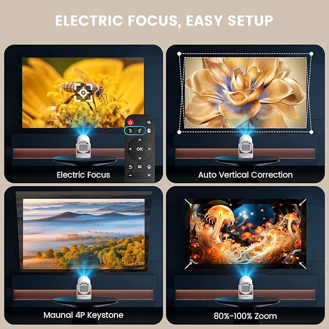 【Electric Focus】Mini Projector, Projector 4K 1080P Support, 260 ANSI Lumens Projector with Wifi and Bluetooth, Upgrade Smart Proyector, 5w Speaker, Auto Keystone Correction 35"-130" Screen HY300 Plus