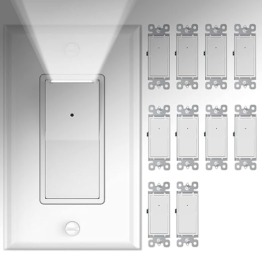 10 Pack SOZULAMP Light Switch with LED Night Light 15Amp 120/277Volt Rocker Single Pole Wall Switch, Automatic On/Off Sensor