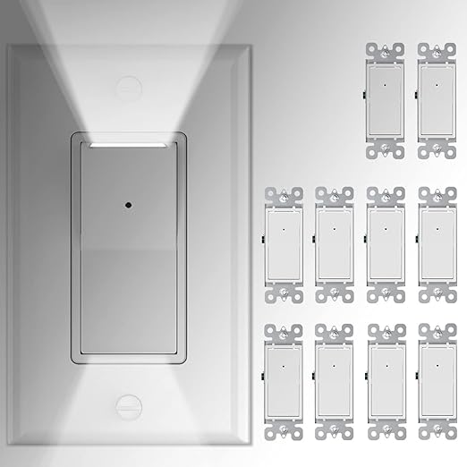10 Pack SOZULAMP 3 Way Wall Light Switch with LED Night Light 15Amp 120/277Volt Rocker White Switch, Automatic On/Off Sensor