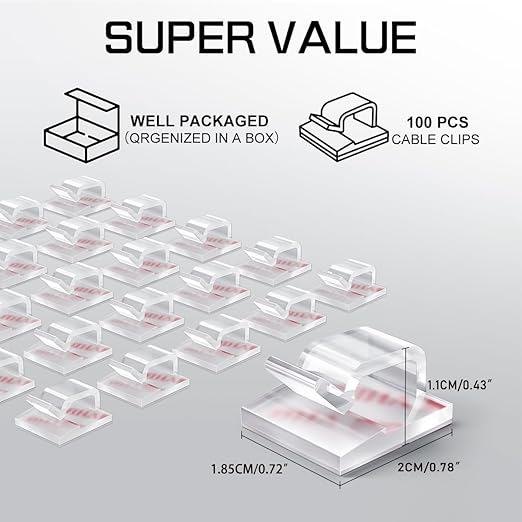 100PCS Cable Clips, Adhesive Wire Clips Strong Cord Clips Wire Holders, Cable Management Clips for Desk, Wall, Car, TV, Ethernet Cable (Clear, Medium)