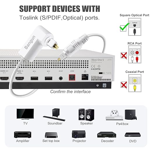 100 feet White Optical Audio Cable, Slim 90 Degree Digital Audio S/PDIF Toslink Cord, Right Angle Fiber Optic Audio Cable for Sound Bar/TV/PS6/Xbox/Home Theater