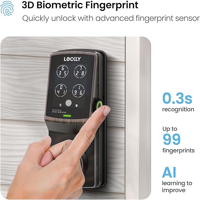 Lockly Secure Plus, Keyless Entry Door Lock, Smart Locks for Front Door, Smart Deadbolt Lock, PIN Genie® Keypad, 3D Biometric Fingerprint Sensor, Auto Lock Smart Door Lock