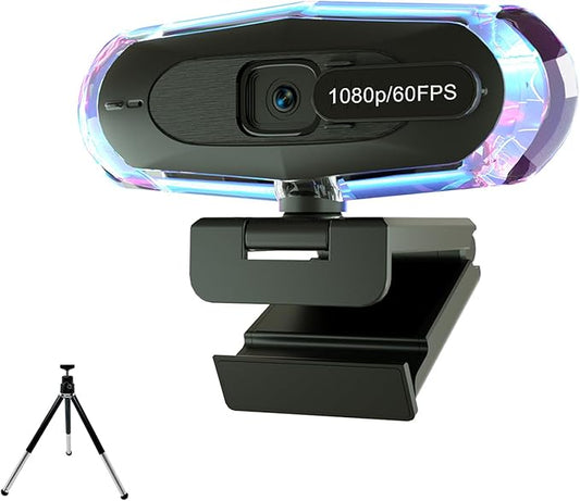 1080P 60FPS Streaming Webcam with Autofocus, Microphone, RGB Light and Tripod, USB Camera for PC/Mac, Plug and Play for Zoom, Skype, YouTube, Online Meetings