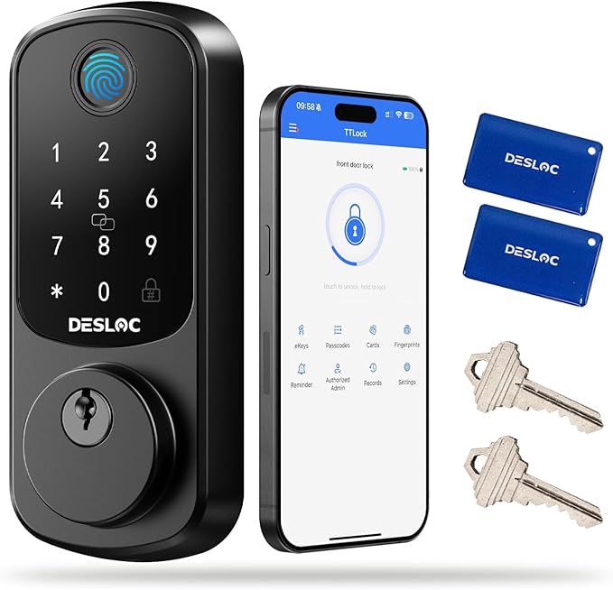 DESLOC Smart Door Lock B200, Smart Deadbolt Lock, Keyless Entry Door Lock, Fingerprint Smart Lock, Smart Locks for Front Door, App Control, Touchscreen Keypad Deadbolts,12-Month Battery, Matte Black
