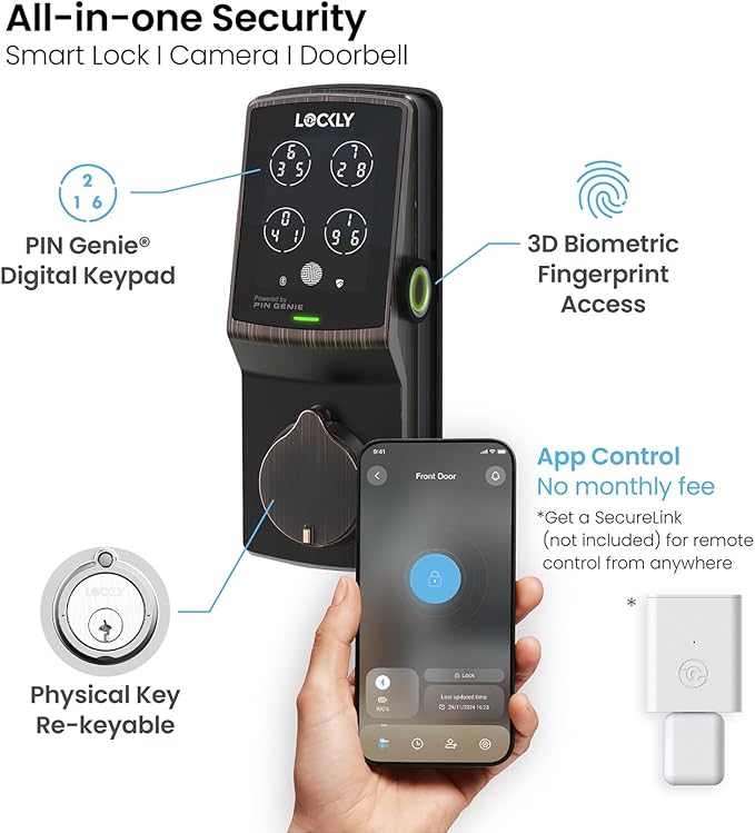 Lockly Secure Plus, Keyless Entry Door Lock, Smart Locks for Front Door, Smart Deadbolt Lock, PIN Genie® Keypad, 3D Biometric Fingerprint Sensor, Auto Lock Smart Door Lock