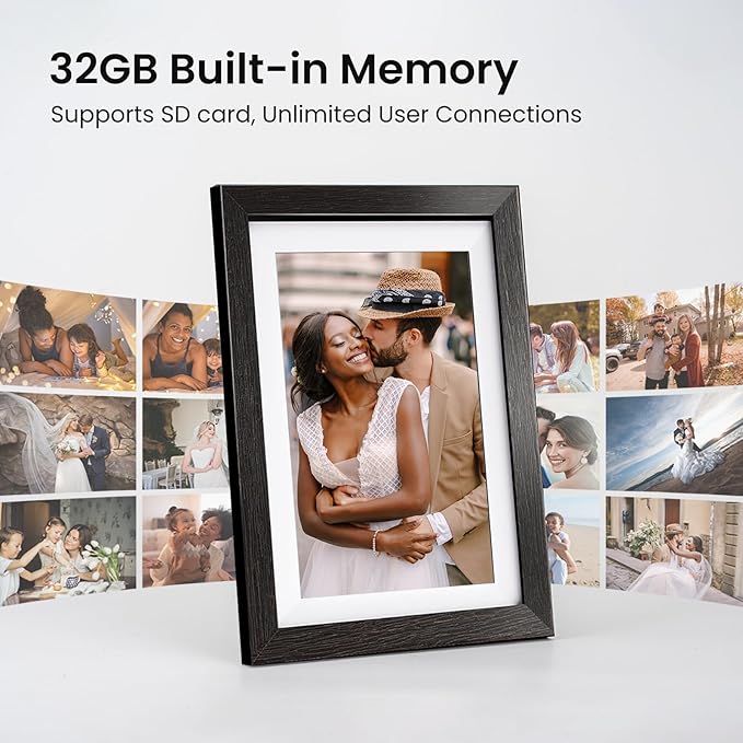 10.1'' Frameo Digital Picture Frame, 32GB WiFi Digital Photo Frame, 1280x800 IPS Touch Screen, Auto-Rotate, Slideshow, Send Photos/Videos via Free App(Black Wood Frame)