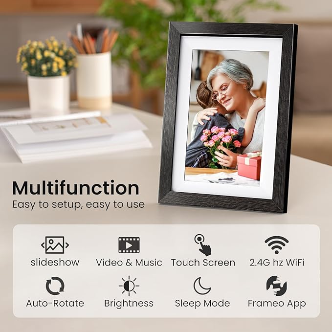10.1'' Frameo Digital Picture Frame, 32GB WiFi Digital Photo Frame, 1280x800 IPS Touch Screen, Auto-Rotate, Slideshow, Send Photos/Videos via Free App(Black Wood Frame)