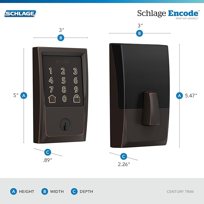 Schlage Encode Smart WiFi Deadbolt Lock for Front Door - Keyless Entry with App or Touchscreen - Works with Alexa, Hey Google, & Airbnb - Create Codes for Guests - Aged Bronze