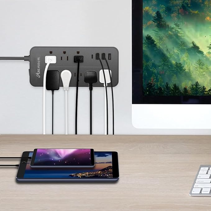 10FT Surge Protector Power Strip Extension Cord, Asamoom ETL Listed Flat Plug Power Strip with Long Cord, 8 Outlets and 3 USB A & 1 USB-C Port, 1700J Wall Mount Desk Black