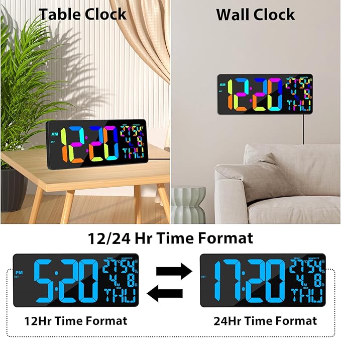 [Oversized] 18" Digital Wall Clock Large Display, 11 RGB Color Changing Large Digital Wall Clock with Remote, Date, DST, Temperature, Auto Brightness Digital Alarm Clock for All Spaces Use