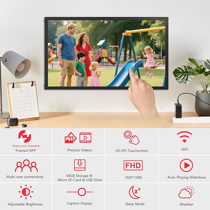 𝟔𝟒𝗚𝗕 FRAMEO Digital Photo Frame, 21.5-Inch Large WiFi Digital Picture Frame with 1920x1080 FHD IPS Touch Screen, USB/Micro SD Wall Mountable Auto-Rotate, Easy Share Photos/Videos from Anywhere