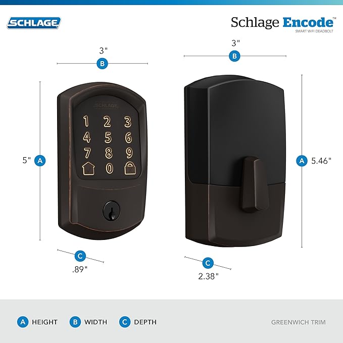 SCHLAGE BE489WB GRW 716 Encode WiFi Deadbolt Smart Lock, Keyless Entry Touchscreen Door Lock with Greenwich Trim, Aged Bronze