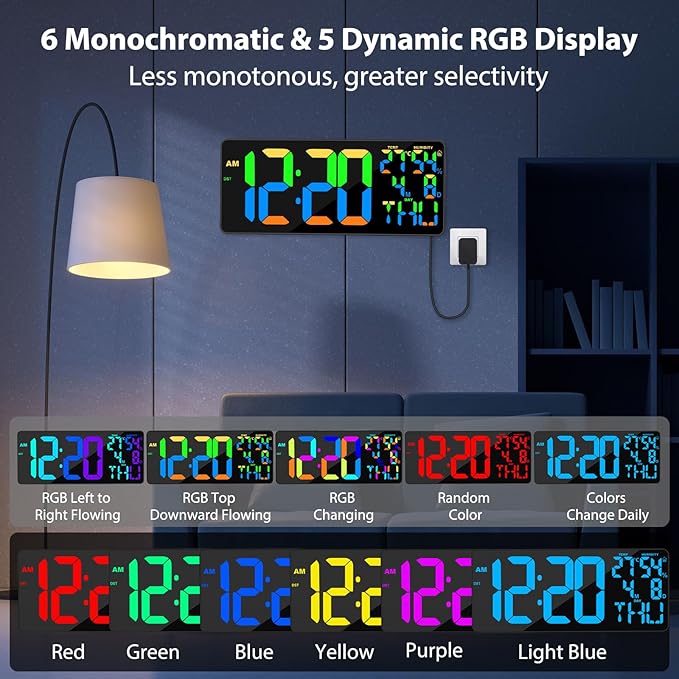 [Oversized] 18" Digital Wall Clock Large Display, 11 RGB Color Changing Large Digital Wall Clock with Remote, Date, DST, Temperature, Auto Brightness Digital Alarm Clock for All Spaces Use
