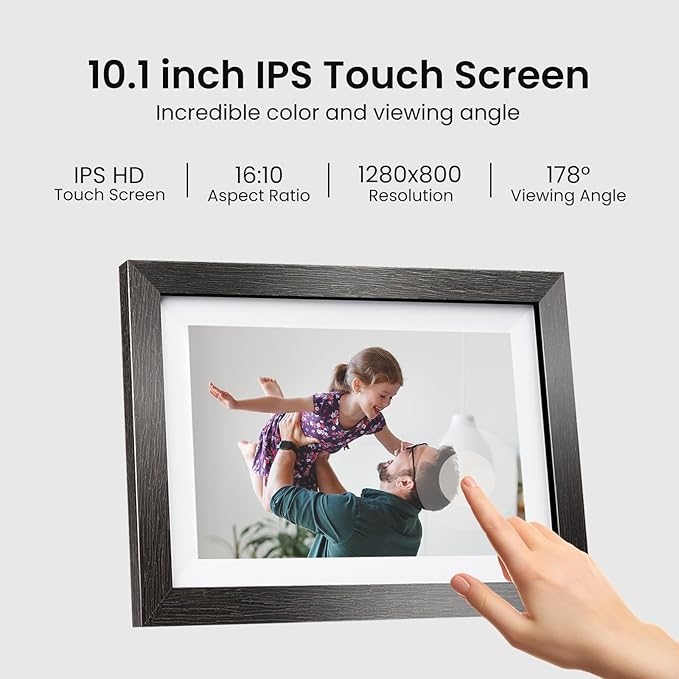 10.1'' Frameo Digital Picture Frame, 32GB WiFi Digital Photo Frame, 1280x800 IPS Touch Screen, Auto-Rotate, Slideshow, Send Photos/Videos via Free App(Black Wood Frame)