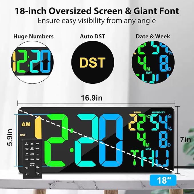 [Oversized] 18" Digital Wall Clock Large Display, 11 RGB Color Changing Large Digital Wall Clock with Remote, Date, DST, Temperature, Auto Brightness Digital Alarm Clock for All Spaces Use