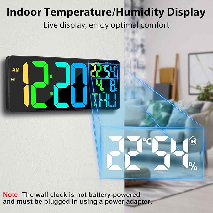 [Oversized] 18" Digital Wall Clock Large Display, 11 RGB Color Changing Large Digital Wall Clock with Remote, Date, DST, Temperature, Auto Brightness Digital Alarm Clock for All Spaces Use