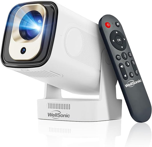【Built-in Apps&1080P】WellSonic Mini Portable Projector 4K Support, Smart Projector with Wifi and Bluetooth, Auto Focus, 5W Speaker, Voice Control, 130" Screen Movie Projector for Home Bedroom Outdoor