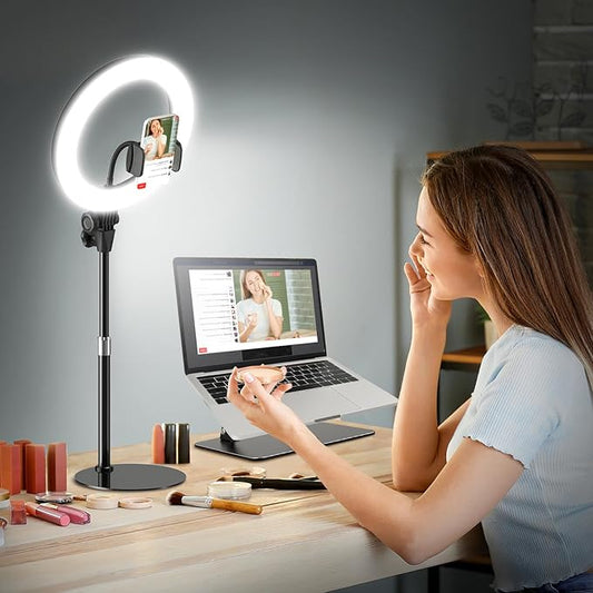 10'' Desk Ring Light with Stand – Zoom Lighting with Phone Holder for Computer・Video Calls・Conference – CRI95 LED Adjustable Circle Light, 10'' Large Lamp Head, Content Creator Friendly