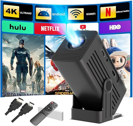 【Built-in App】Polaring Mini Projector, Smart 4K Projector with WiFi and bluetooth 1080P Support, Auto Keystone Correction，90° Rotating Adjustment，Compatible with phone, TV Stick , HDMI, USB(black)