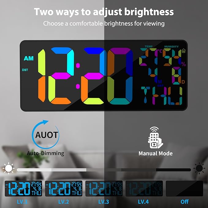 [Oversized] 18" Digital Wall Clock Large Display, 11 RGB Color Changing Large Digital Wall Clock with Remote, Date, DST, Temperature, Auto Brightness Digital Alarm Clock for All Spaces Use