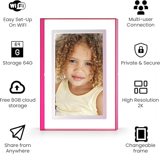 10.1" Pink Digital WiFi Picture Frame, Smart Photo Frame 1280 * 800p Screen,64G/8G Cloud,Wall Mountable/Desk,Share Photos/Videos Instantly via Pintura App,Great Gift for Loved Ones