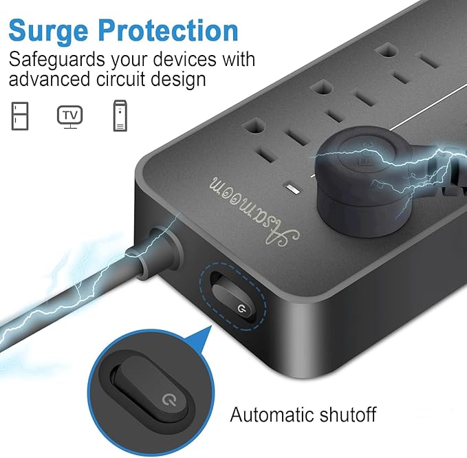 10FT Surge Protector Power Strip Extension Cord, Asamoom ETL Listed Flat Plug Power Strip with Long Cord, 8 Outlets and 3 USB A & 1 USB-C Port, 1700J Wall Mount Desk Black