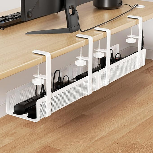 [Upgraded] 2 Pack Cable Management Under Desk Tray, Xpatee 27.6" No Drill Open Slots Cable Management Tray, Cord Wire Organizer Box with Clamp for Table Thickness up to 3" - No Desk Damage(White)