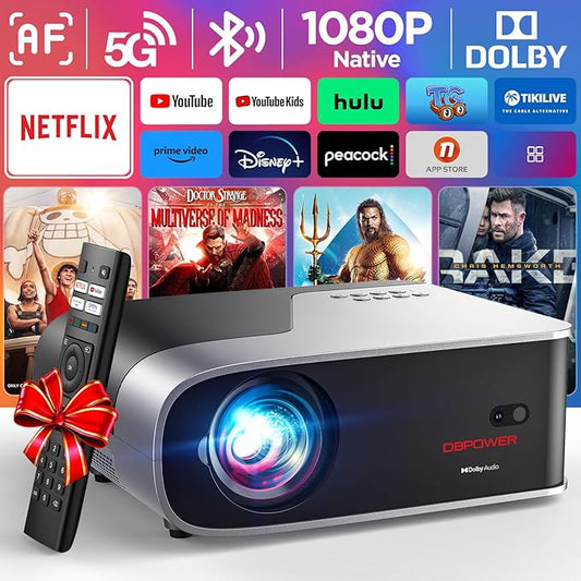 [Netflix Licensed/AI Auto Focus] Smart Projector with WiFi and Bluetooth,Dolby Audio,DBPOWER Native 1080p Projector with Apps Built-in Netflix/Hulu/Disney+/Peacock, 600ANSI Movie Projector