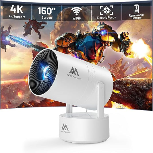 [Built-in Battery] Mini Projector with Wifi and Bluetooth, Rechargeable Portable Outdoor Smart Projector with Support 4K Decoding, Electric Focus Home Theater for Phone, White
