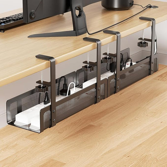 [Upgraded] 2 Pack Cable Management Under Desk Tray, Xpatee 27.6" No Drill Open Slots Cable Management Tray, Cord Wire Organizer Box with Clamp for Table Thickness up to 3" - No Desk Damage(Black)
